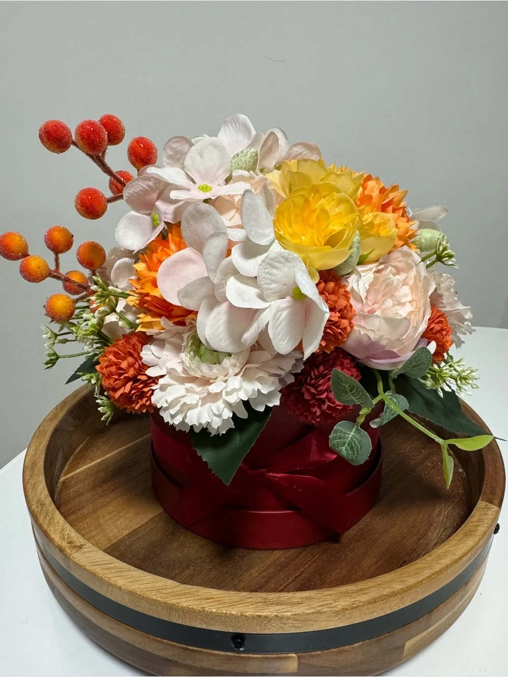 Handmade Artificial Floral Arrangement in Burgundy Hatbox – Fall Home Decor